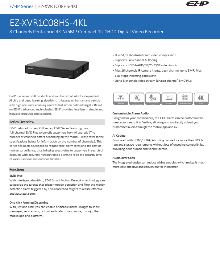 EZ-IP by Dahua 8 Channels XVR Hybrid 4K 8MP 4in1 HDCVI Digital Video Recorder
