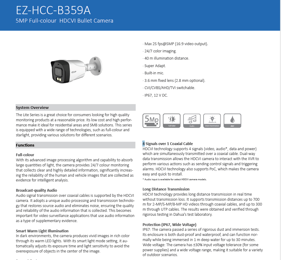 EZ-IP by Dahua EZ-HCC-B359A 5MP Full Colour HDCVI Bullet Camera Built-in Mic 30m