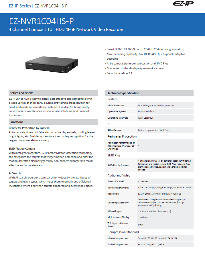 EZ-IP by Dahua EZ-IP 4 channel 8MP 4K IP PoE NVR Network Video Recorder P2P