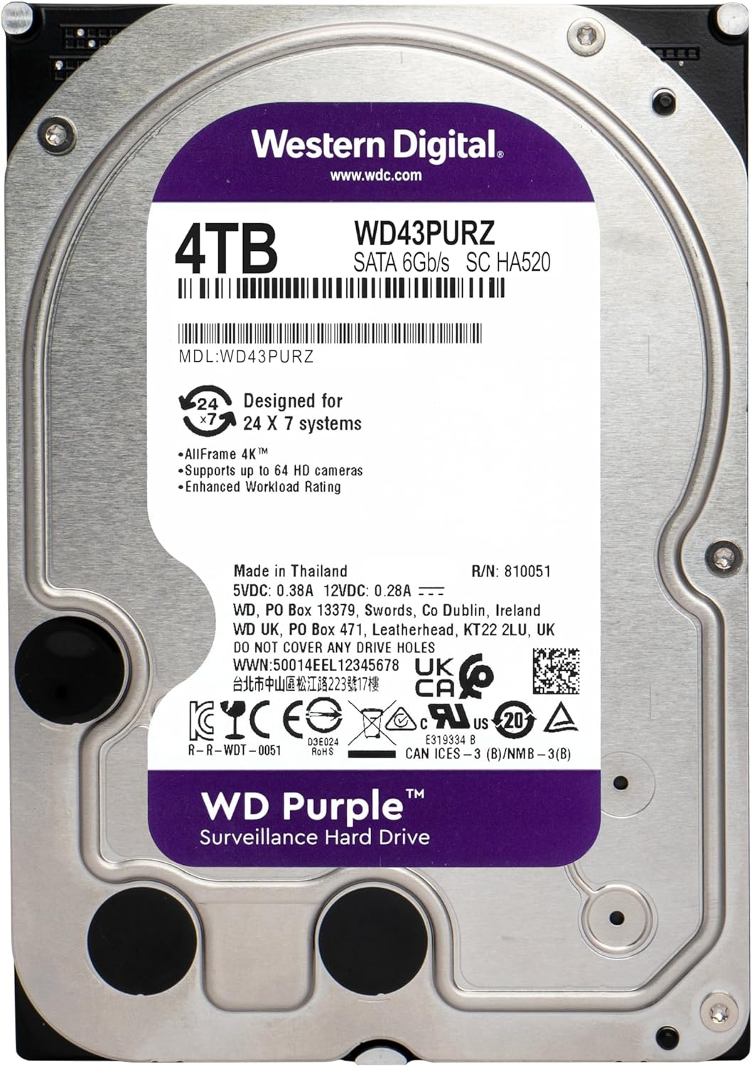 WD Purple Surveillance Hard Drive 5400RPM 6Gb/s 256MB Cache