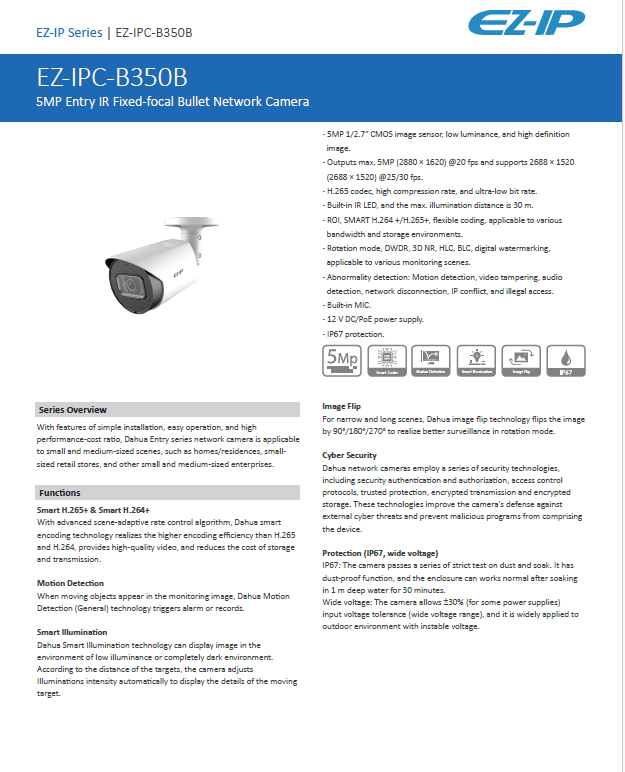 EZ-IP by Dahua 5MP IP POE Network Bullet Camera Built-in MIC 30m IR IP67 2.8mm -White