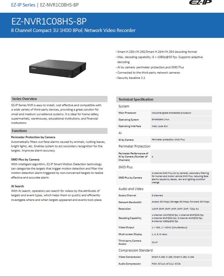 Nvr Ezip EZ-IP by Dahua EZ-IP 8 channel 8MP 4K IP PoE NVR Network Video Recorde